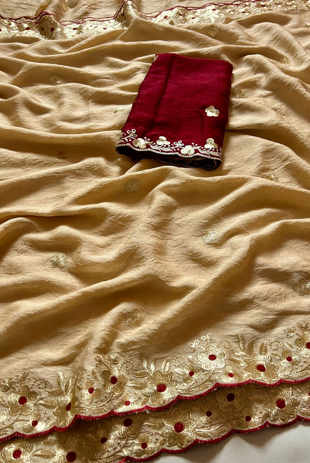 Alverina Party Wear Golden Colour Rangoli Crush Silk Sequence N Cut Work Border Fancy Designer Saree With Contrast Blouse Piece