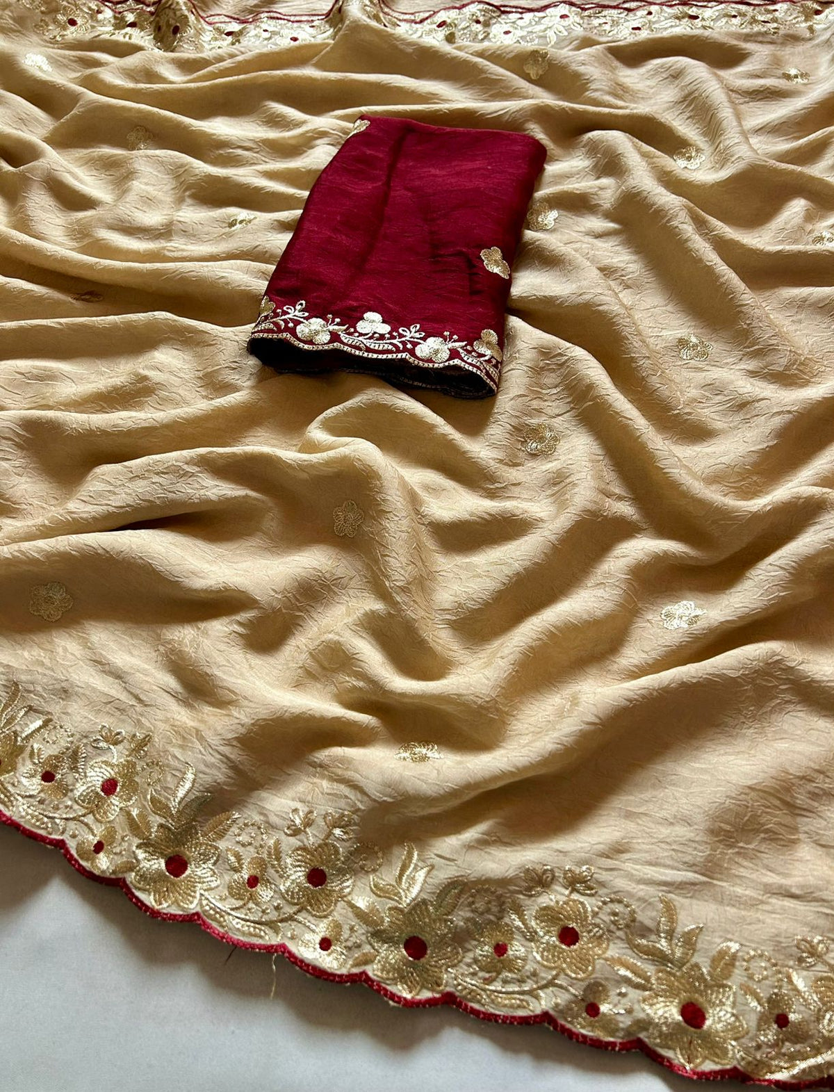 Alverina Party Wear Golden Colour Rangoli Crush Silk Sequence N Cut Work Border Fancy Designer Saree With Contrast Blouse Piece