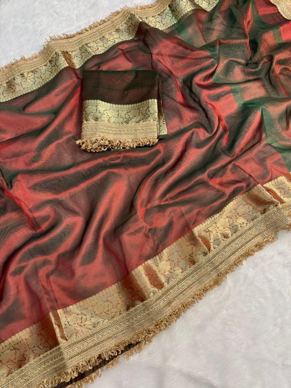 New Maroon Color Banarasi Tissue Silk Jacquard n Lace Work Fancy Designer Partywear Saree