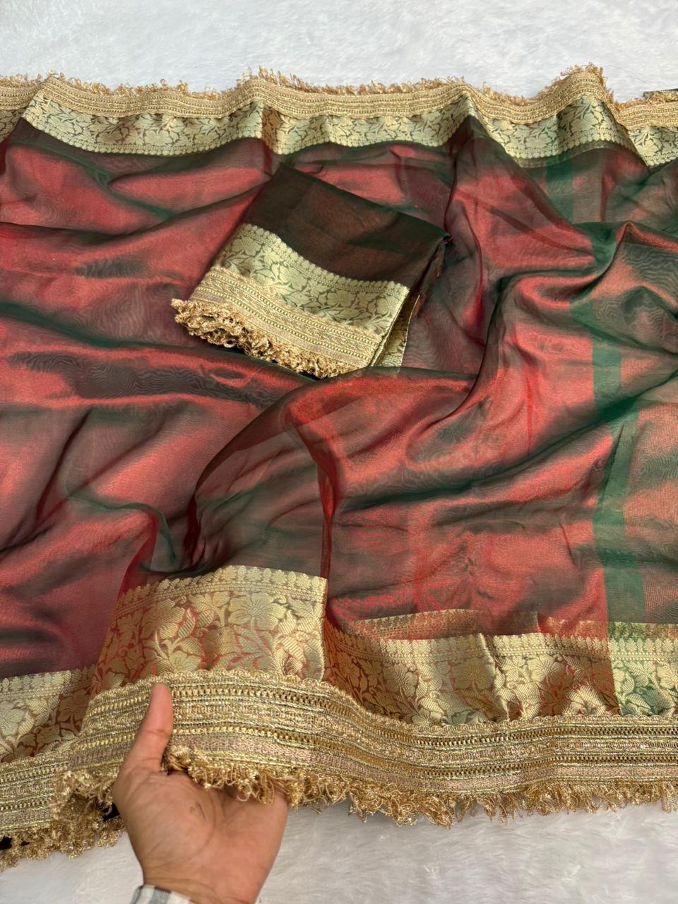 New Maroon Color Banarasi Tissue Silk Jacquard n Lace Work Fancy Designer Partywear Saree