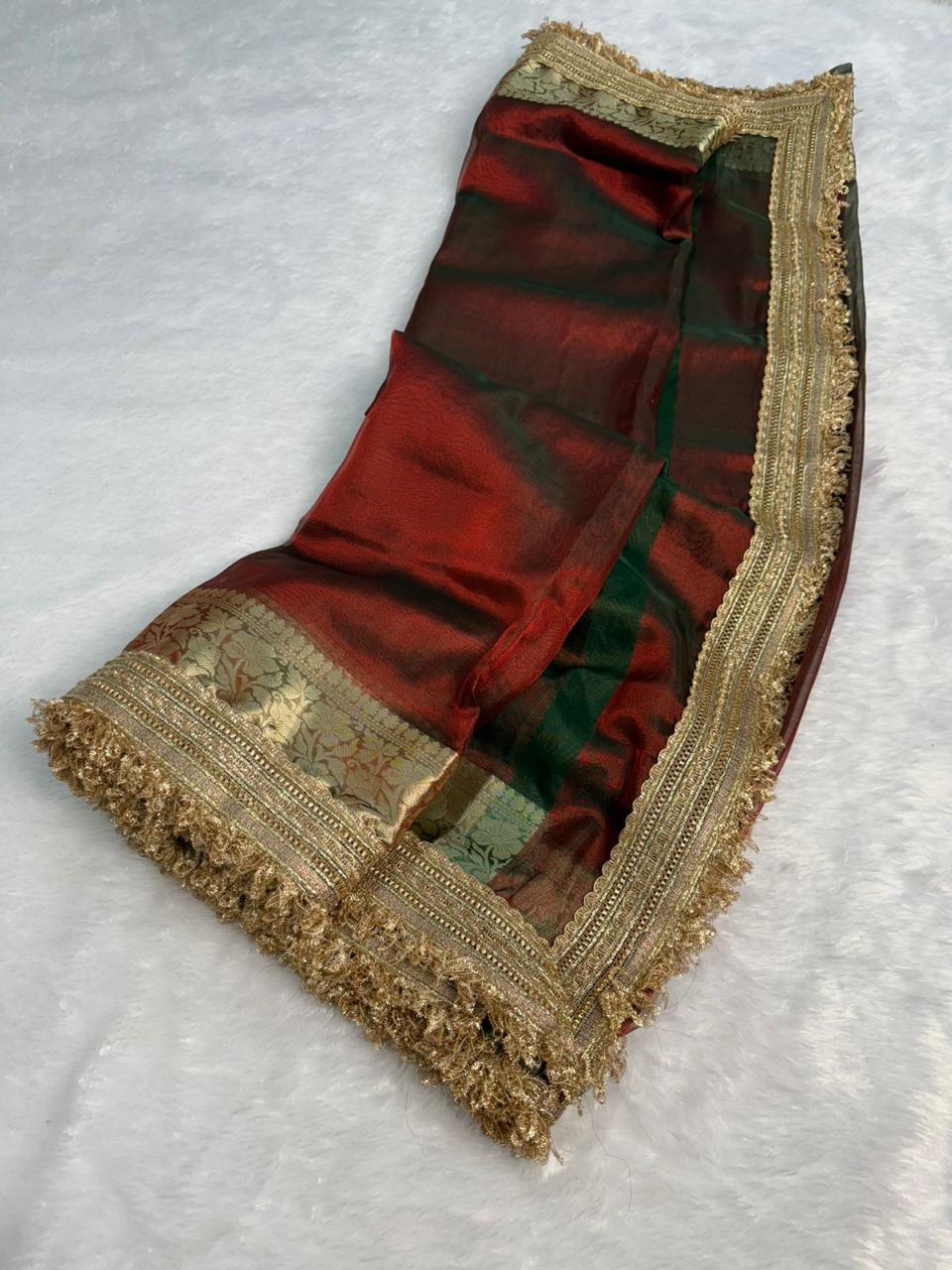 New Maroon Color Banarasi Tissue Silk Jacquard n Lace Work Fancy Designer Partywear Saree