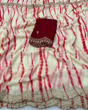 Load image into Gallery viewer, Charismatic Party Wear Chiffon Embroidery N Scalloped Cut Work Border Fancy Designer Saree With Contrast Blouse Piece
