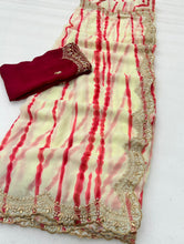 Load image into Gallery viewer, Charismatic Party Wear Chiffon Embroidery N Scalloped Cut Work Border Fancy Designer Saree With Contrast Blouse Piece
