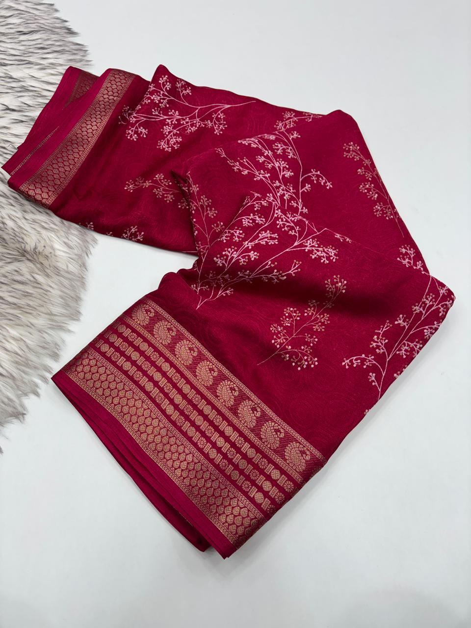 Elegant Party Wear Pure Soft Silk Printed Saree With Rich Pallu n Matching Blouse Piece