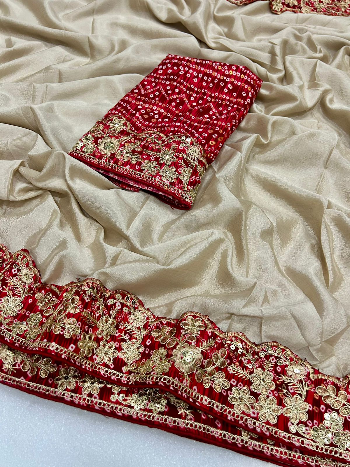 Traditional Wedding Wear Soft Chinon Silk Bandhej Print Thread Sequence Work Lace Border Fancy Designer Saree With Blouse Piece