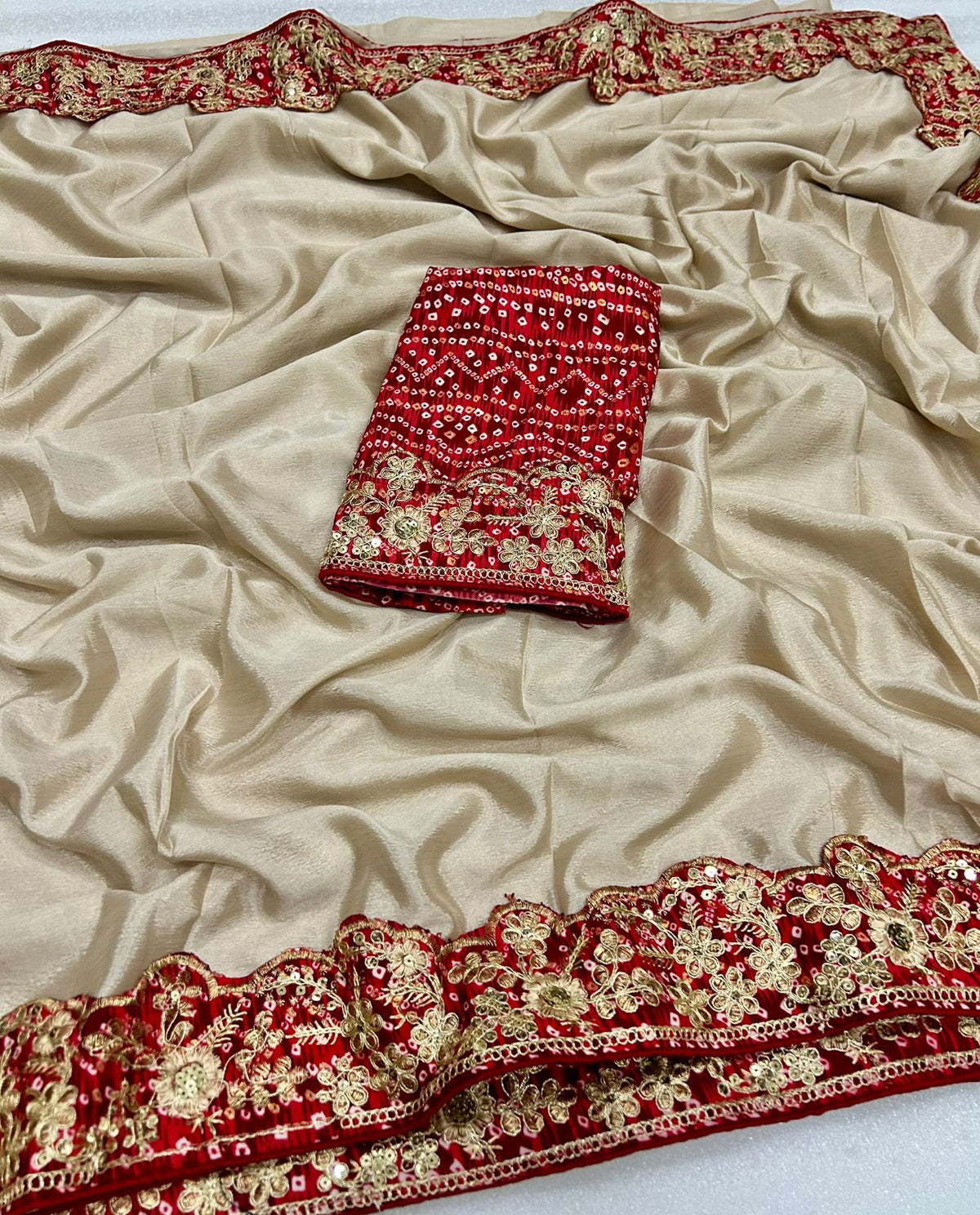 Traditional Wedding Wear Soft Chinon Silk Bandhej Print Thread Sequence Work Lace Border Fancy Designer Saree With Blouse Piece