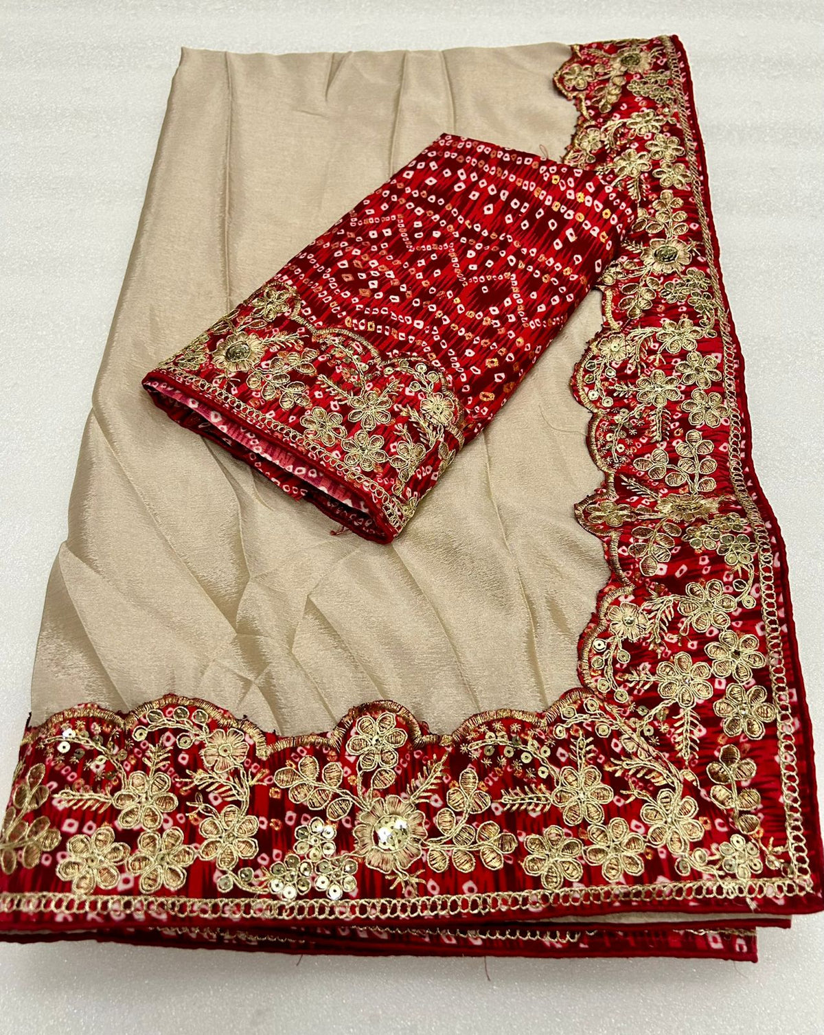 Traditional Wedding Wear Soft Chinon Silk Bandhej Print Thread Sequence Work Lace Border Fancy Designer Saree With Blouse Piece