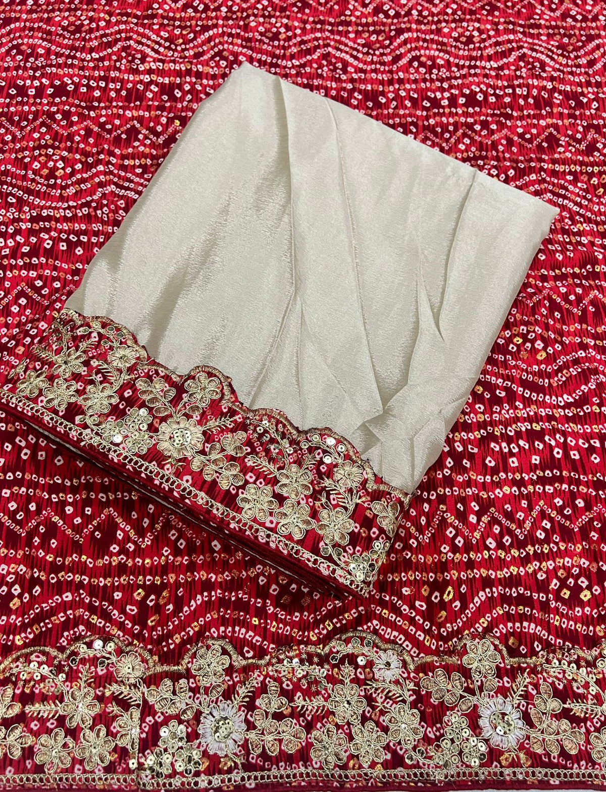Traditional Wedding Wear Soft Chinon Silk Bandhej Print Thread Sequence Work Lace Border Fancy Designer Saree With Blouse Piece
