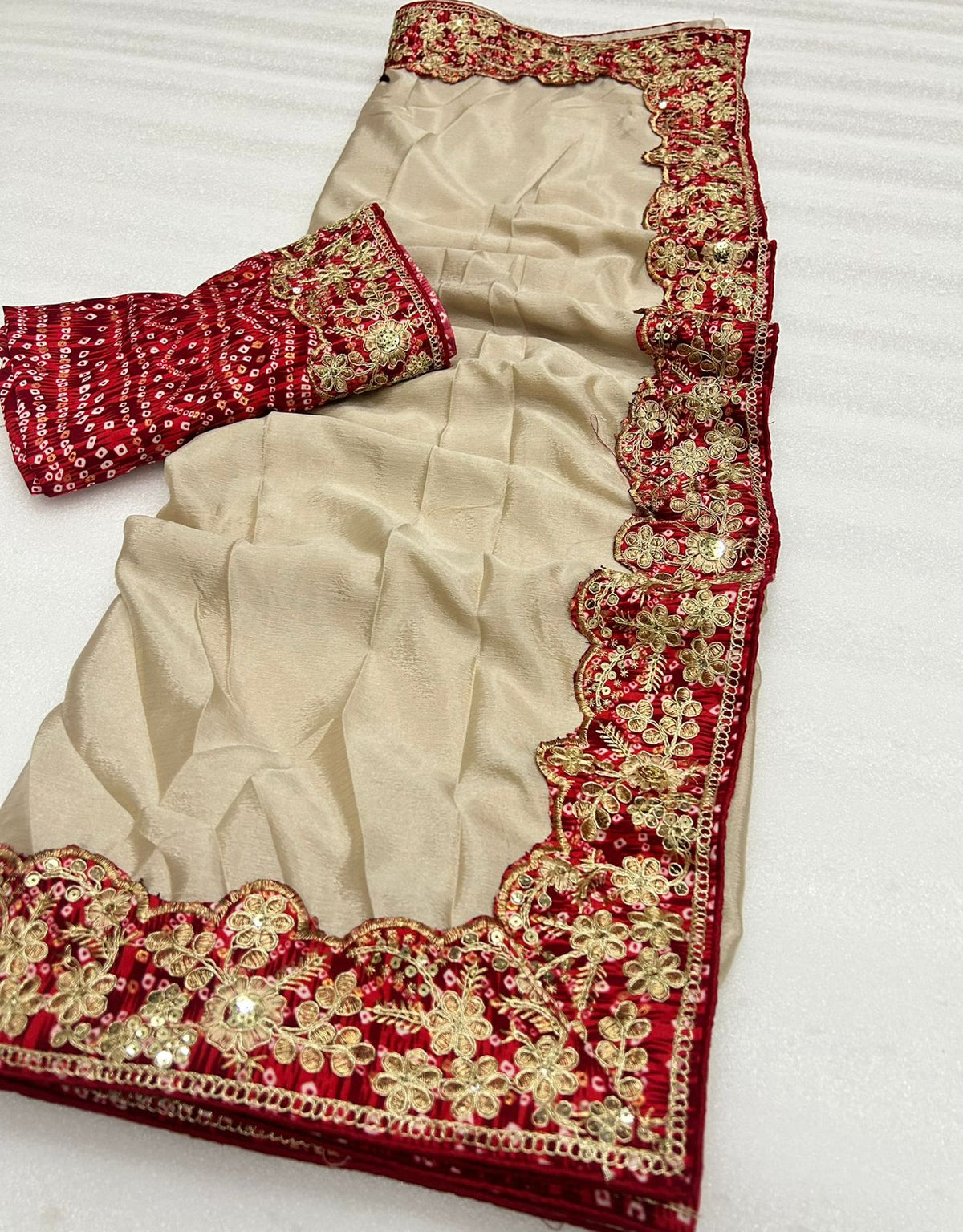 Traditional Wedding Wear Soft Chinon Silk Bandhej Print Thread Sequence Work Lace Border Fancy Designer Saree With Blouse Piece