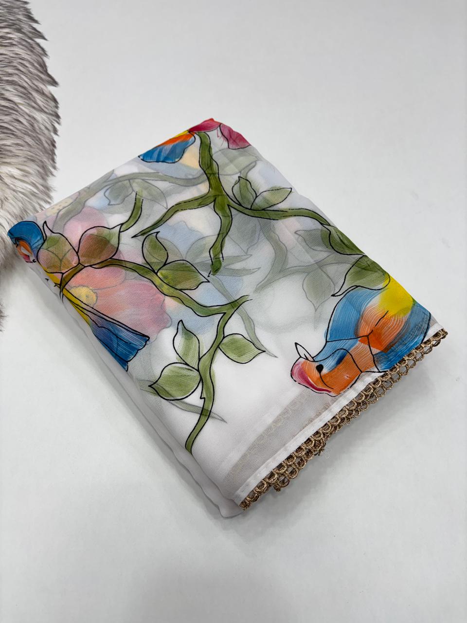 Groovy Festive Wear Pure Soft Georgette Silk Designer Unique Brush Print Lace Border Fancy Saree For Women