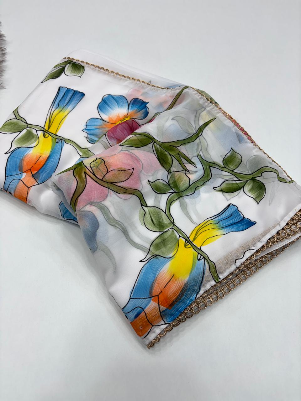 Groovy Festive Wear Pure Soft Georgette Silk Designer Unique Brush Print Lace Border Fancy Saree For Women