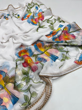 Load image into Gallery viewer, Groovy Festive Wear Pure Soft Georgette Silk Designer Unique Brush Print Lace Border Fancy Saree For Women
