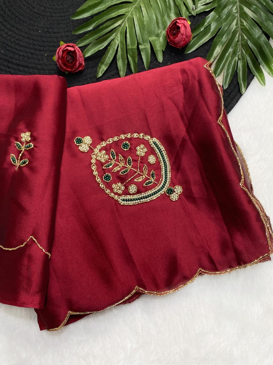 Attractive Festive Wear Maroon Colour Soft Rangoli Silk Handwork Fancy Designer Saree With Elegant Blouse Piece