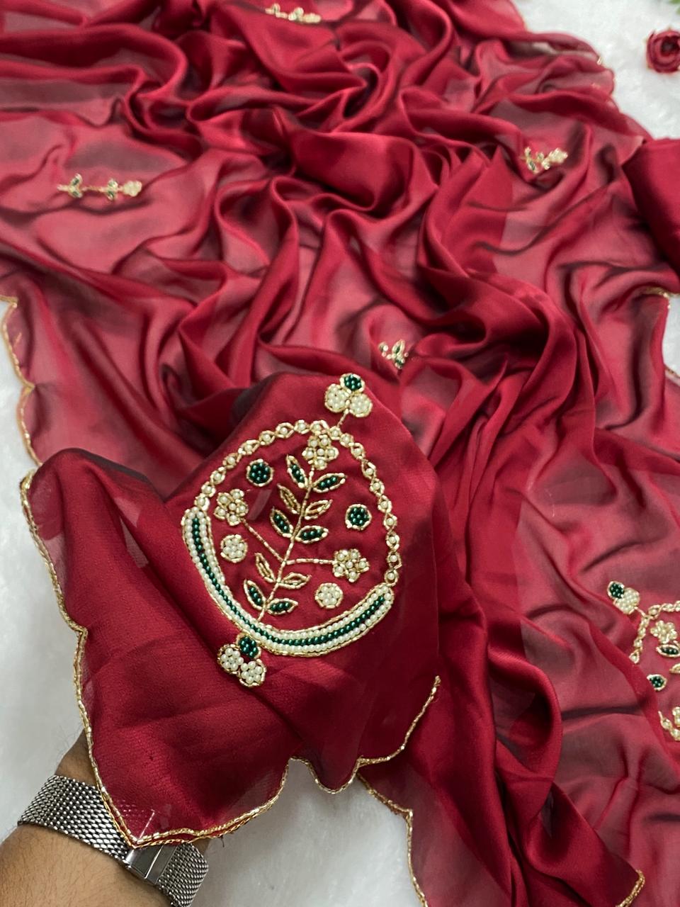 Attractive Festive Wear Maroon Colour Soft Rangoli Silk Handwork Fancy Designer Saree With Elegant Blouse Piece