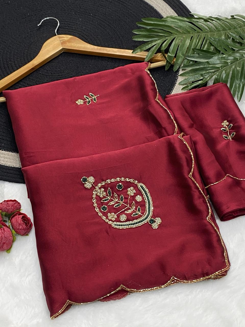 Attractive Festive Wear Maroon Colour Soft Rangoli Silk Handwork Fancy Designer Saree With Elegant Blouse Piece