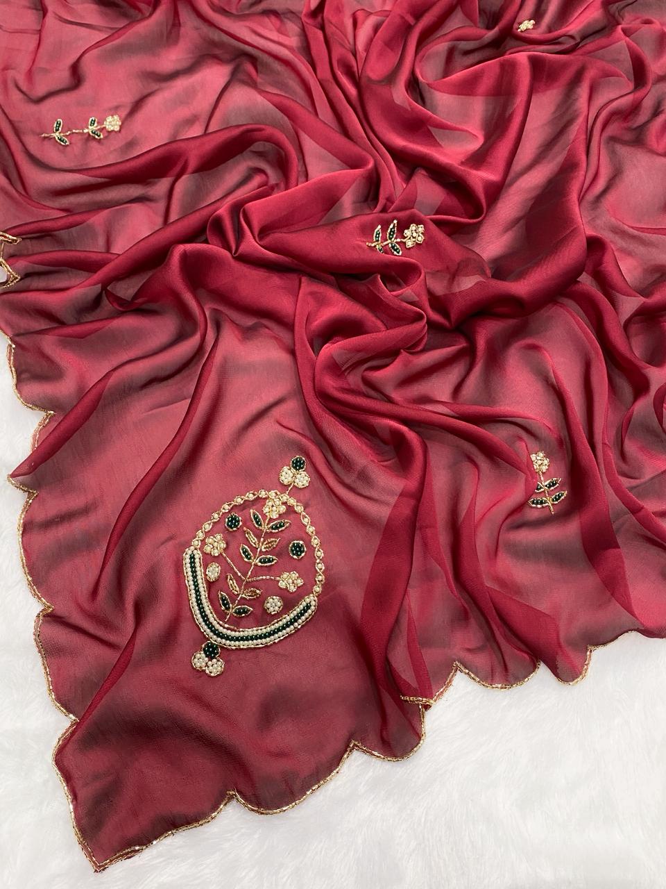 Attractive Festive Wear Maroon Colour Soft Rangoli Silk Handwork Fancy Designer Saree With Elegant Blouse Piece