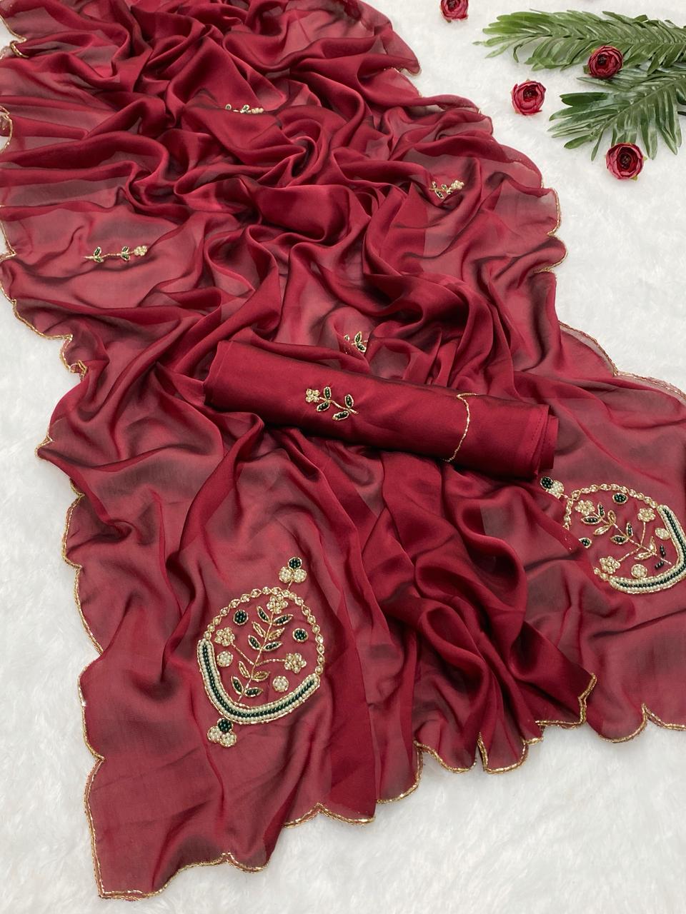 Attractive Festive Wear Maroon Colour Soft Rangoli Silk Handwork Fancy Designer Saree With Elegant Blouse Piece