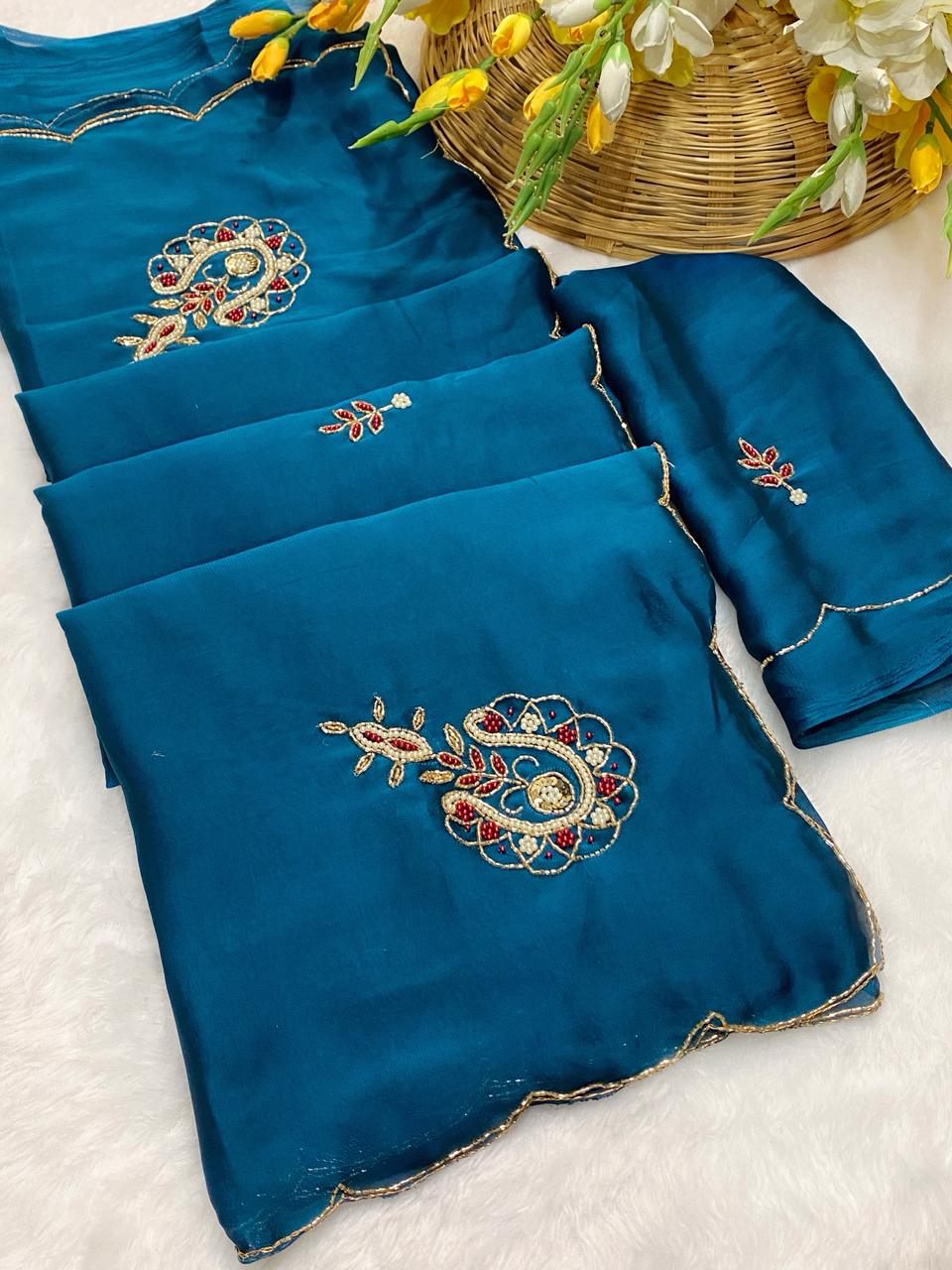 Amazing Wedding Wear Blue Colour Soft Rangoli Silk Handwork Fancy Designer Saree With Elegant Blouse Piece