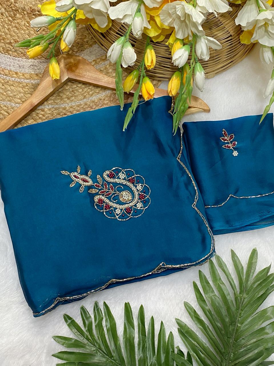 Amazing Wedding Wear Blue Colour Soft Rangoli Silk Handwork Fancy Designer Saree With Elegant Blouse Piece