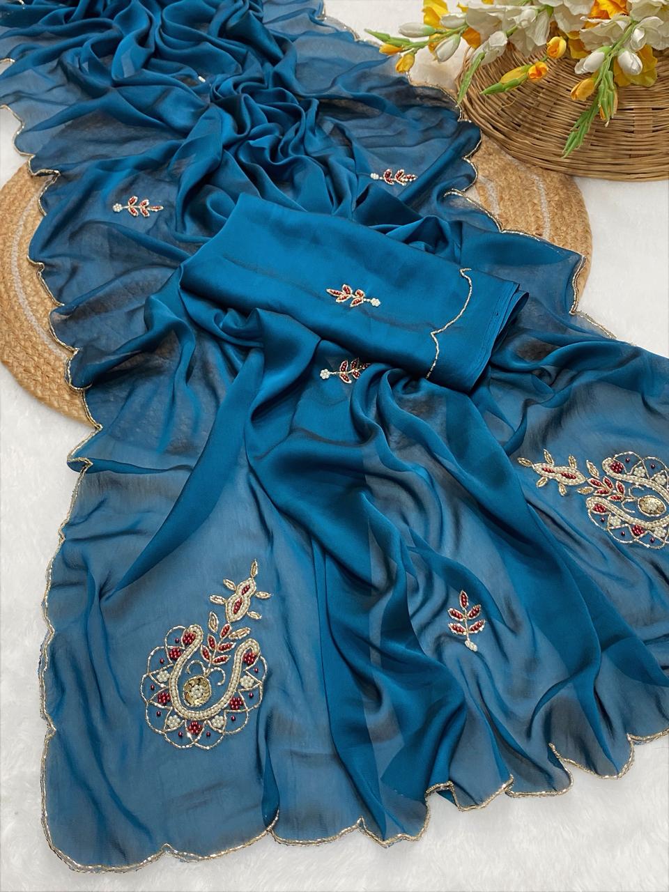 Amazing Wedding Wear Blue Colour Soft Rangoli Silk Handwork Fancy Designer Saree With Elegant Blouse Piece