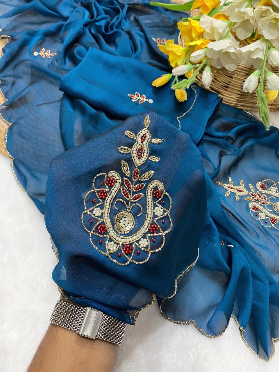 Amazing Wedding Wear Blue Colour Soft Rangoli Silk Handwork Fancy Designer Saree With Elegant Blouse Piece