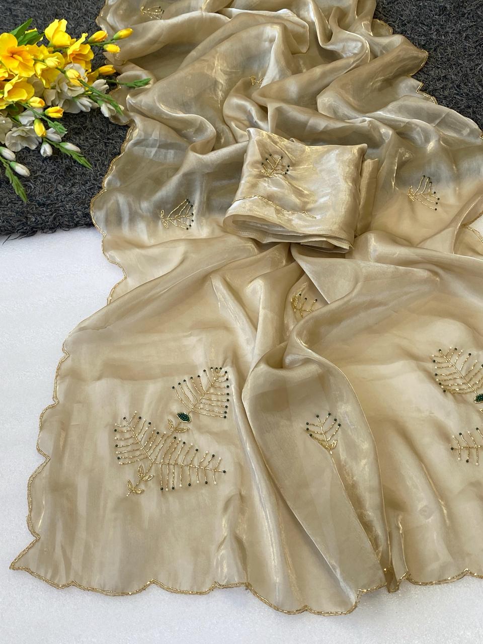 Blooming Party Wear Soft Silk Handwork Fancy Designer Saree With Blissful Blouse Piece