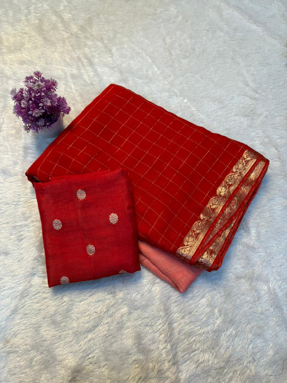 Glamorous Function Wear Viscose Georgette Checks Design n Rich Pallu Fancy Saree With Ravishing Blouse Piece
