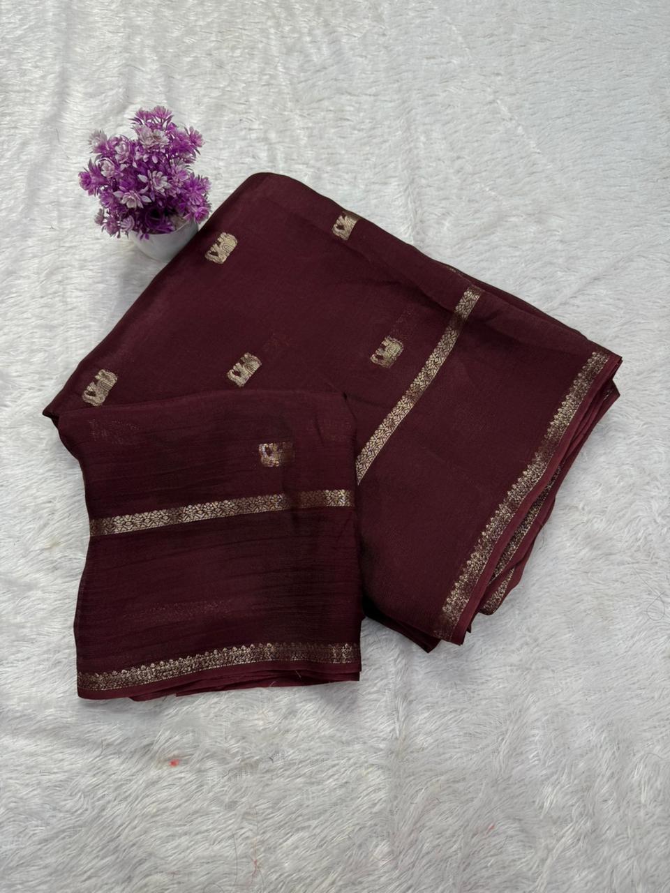 Traditional Function Wear Brown Color Pure Soft Viscose Zari Work Fancy Designer Saree With Blouse