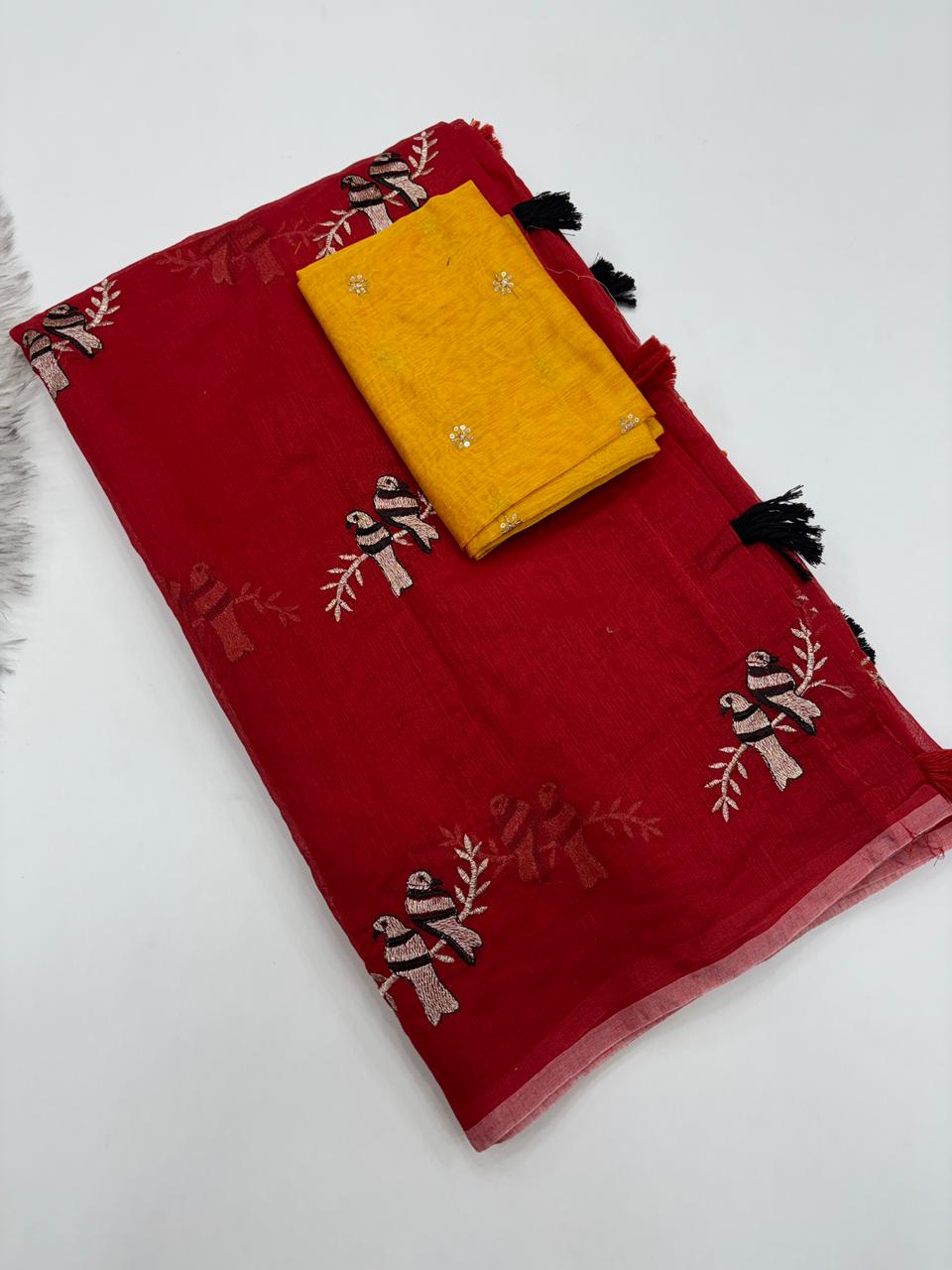 Fantabulous Party Wear Chanderi Cotton Emboridery N Taseels Work Fancy Designer Saree For Women
