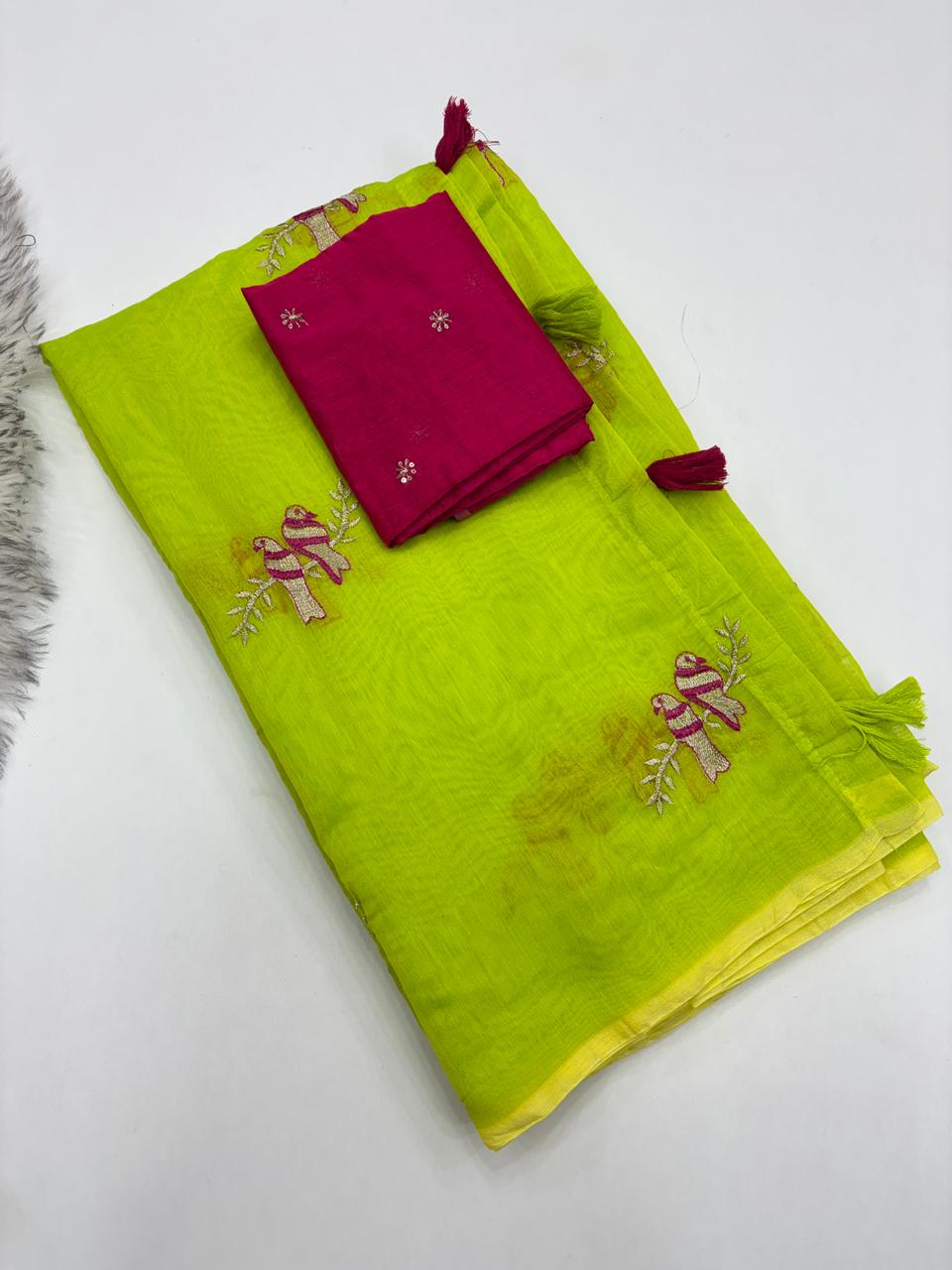 Fantabulous Party Wear Chanderi Cotton Emboridery N Taseels Work Fancy Designer Saree For Women