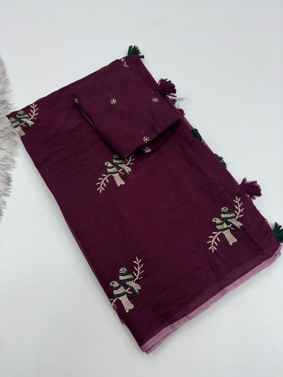 Fantabulous Party Wear Chanderi Cotton Emboridery N Taseels Work Fancy Designer Saree For Women