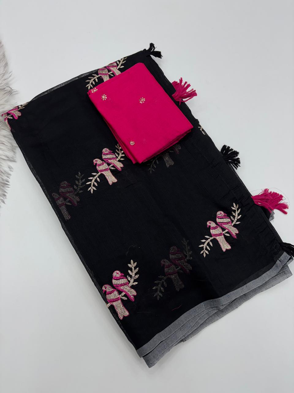 Fantabulous Party Wear Chanderi Cotton Emboridery N Taseels Work Fancy Designer Saree For Women