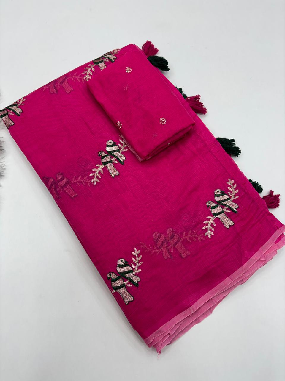 Fantabulous Party Wear Chanderi Cotton Emboridery N Taseels Work Fancy Designer Saree For Women