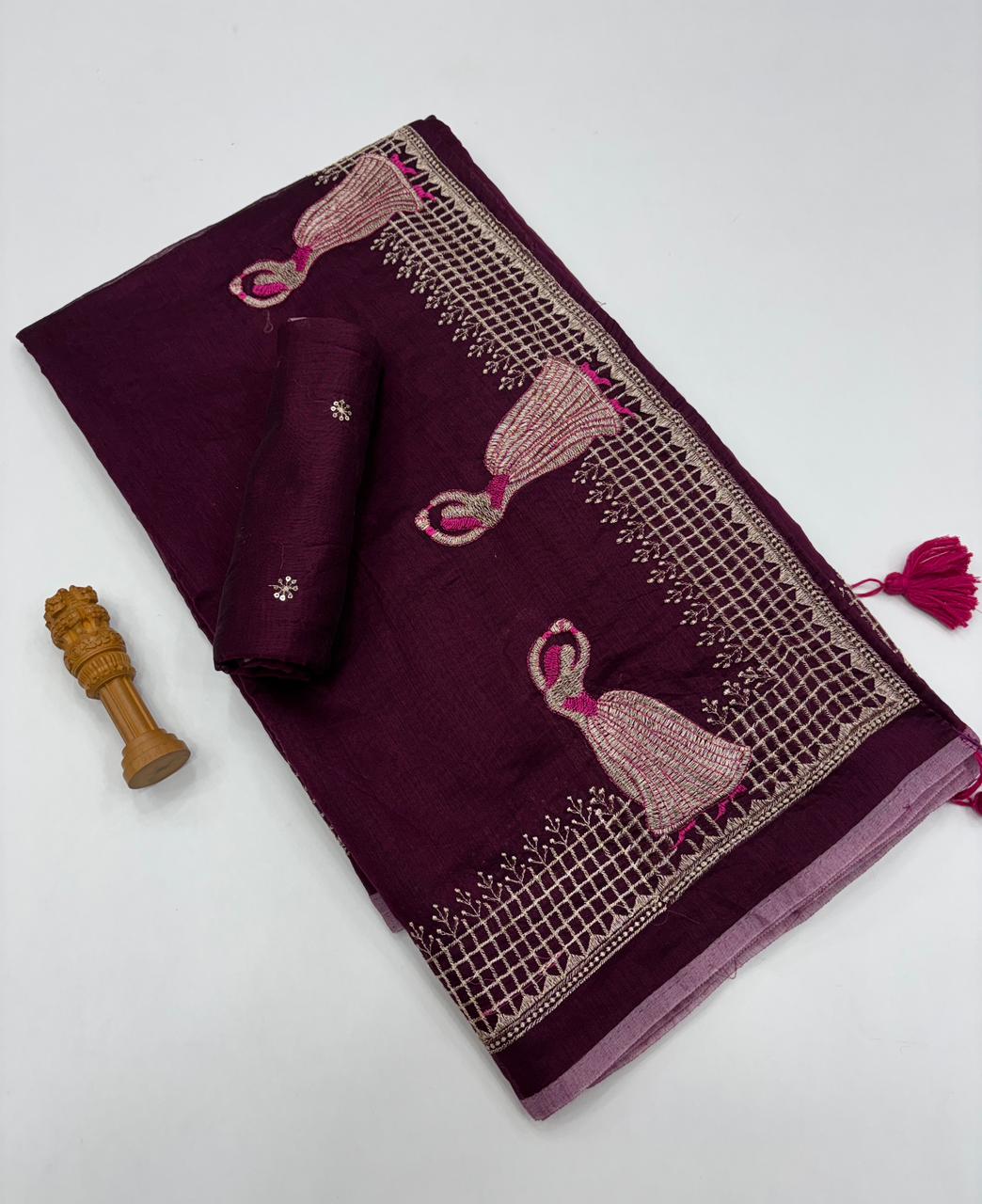 Effervescent Function Wear Soft Chanderi Cotton Silk Embroidery n Tussels Work Fancy Saree