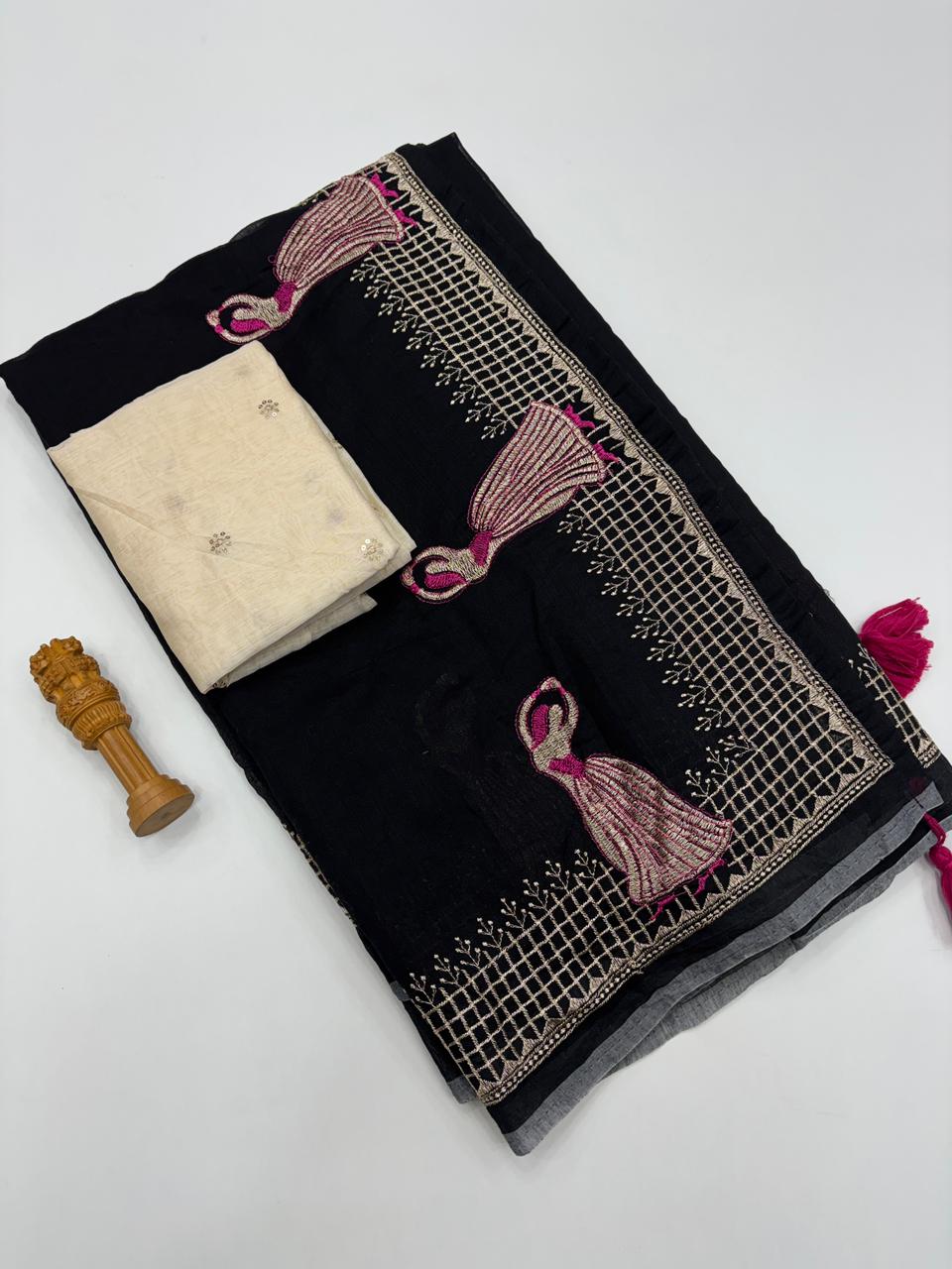 Effervescent Function Wear Soft Chanderi Cotton Silk Embroidery n Tussels Work Fancy Saree