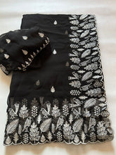Load image into Gallery viewer, Mellifluous Function Wear Black Colour Organza Silk Embroidery n Cut Work Border Fancy Designer Saree For Wedding
