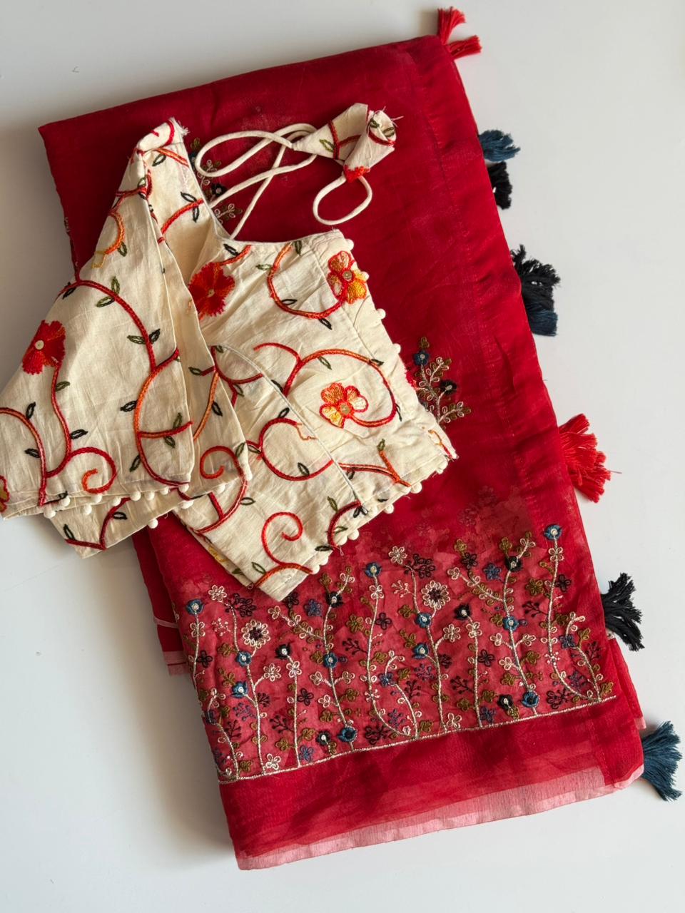 Attractive Function Wear Chanderi Cotton Embroidery n Tussels Work Fancy Designer Saree With Stitched Blouse