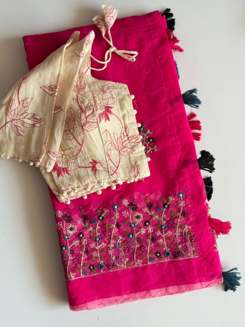 Attractive Function Wear Chanderi Cotton Embroidery n Tussels Work Fancy Designer Saree With Stitched Blouse