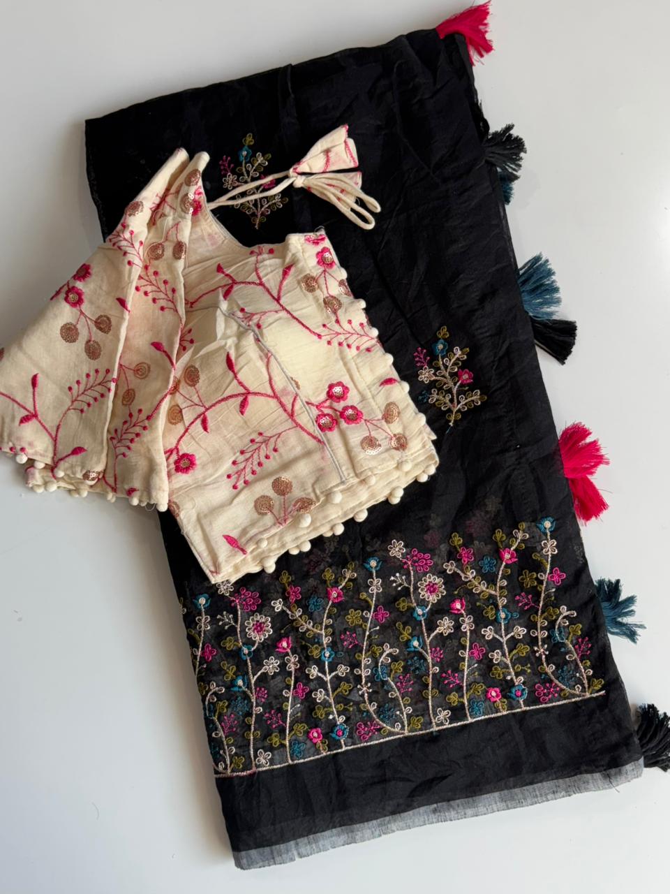 Attractive Function Wear Chanderi Cotton Embroidery n Tussels Work Fancy Designer Saree With Stitched Blouse