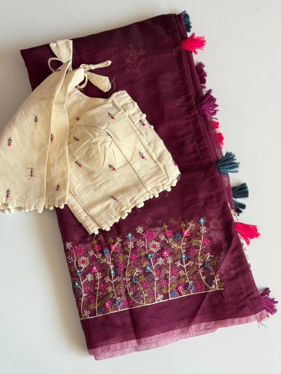 Attractive Function Wear Chanderi Cotton Embroidery n Tussels Work Fancy Designer Saree With Stitched Blouse