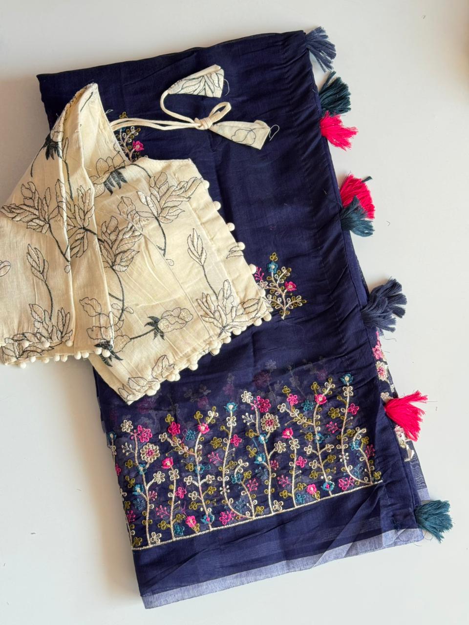 Attractive Function Wear Chanderi Cotton Embroidery n Tussels Work Fancy Designer Saree With Stitched Blouse