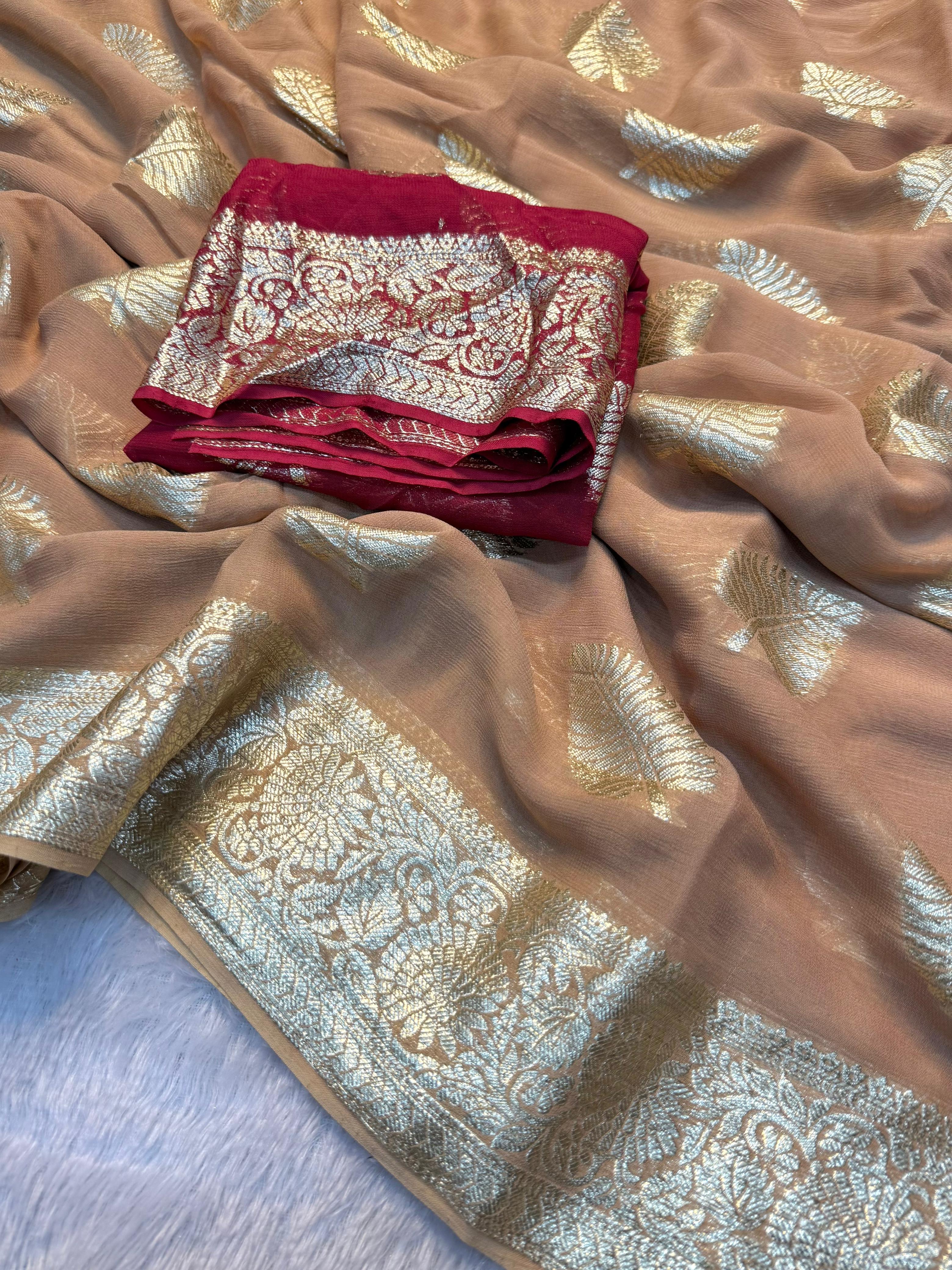 Imaginative Wedding Wear Viscose Georgette Jacquard Zari Work Fancy Designer Saree