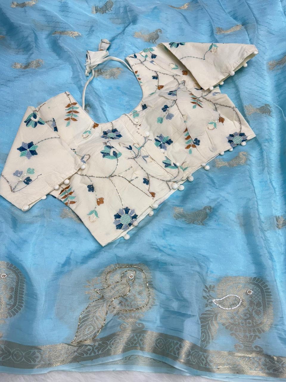 Beautiful Wedding Wear Soft Silk Jacquard Weaving Zari With Hand Work Fancy Designer Saree With Stitched Blouse