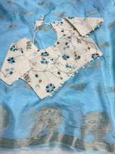 Load image into Gallery viewer, Beautiful Wedding Wear Soft Silk Jacquard Weaving Zari With Hand Work Fancy Designer Saree With Stitched Blouse
