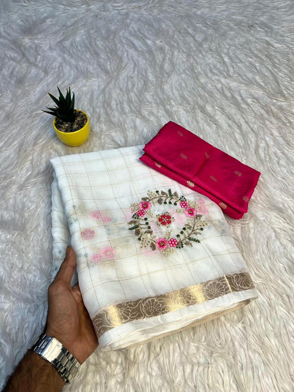 Adorning Wedding Wear White Colour Pure Chinnon Viscose Chex Multi Embroidery Sequence Saree With Contrast Blouse Piece