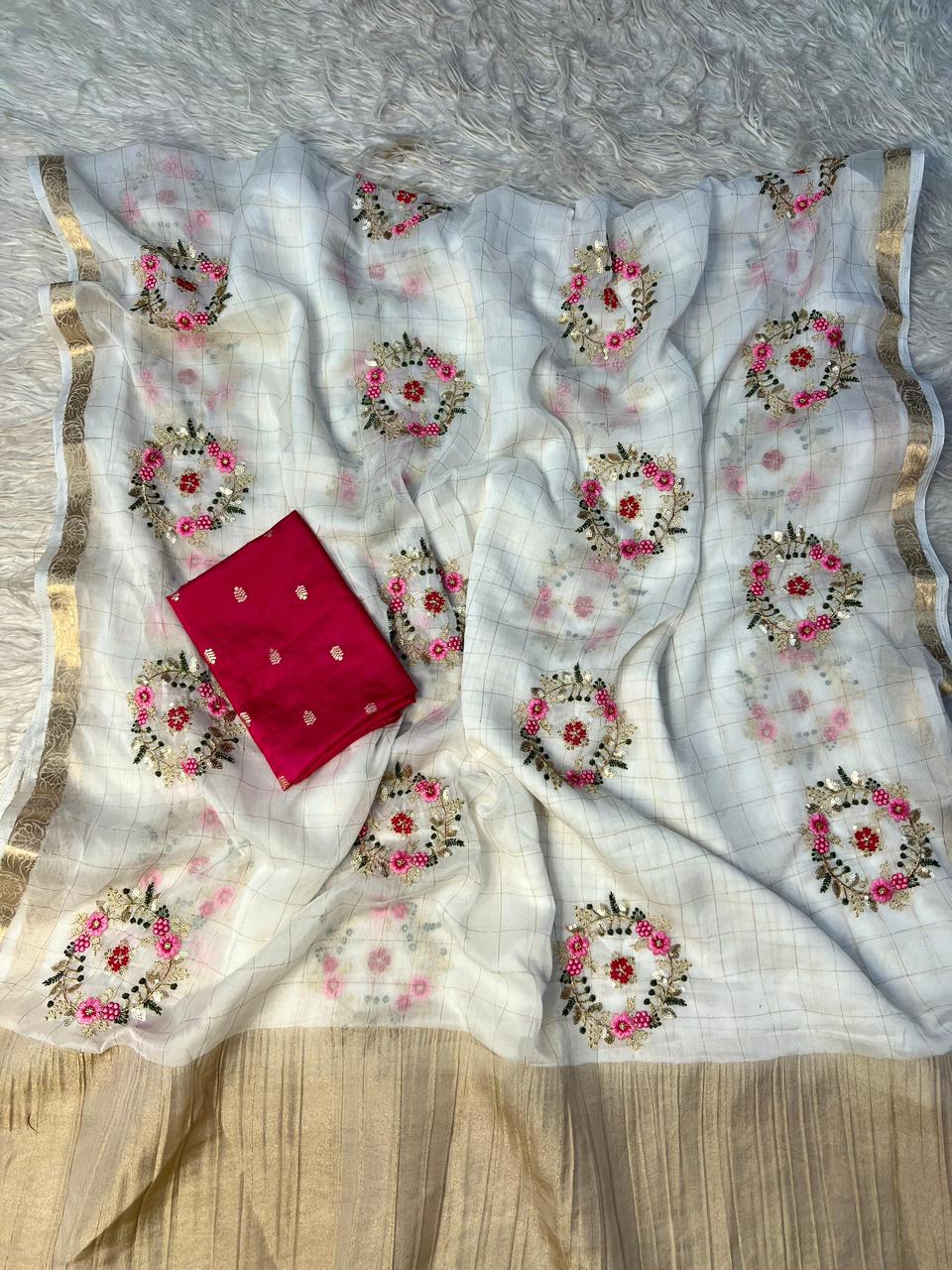 Adorning Wedding Wear White Colour Pure Chinnon Viscose Chex Multi Embroidery Sequence Saree With Contrast Blouse Piece