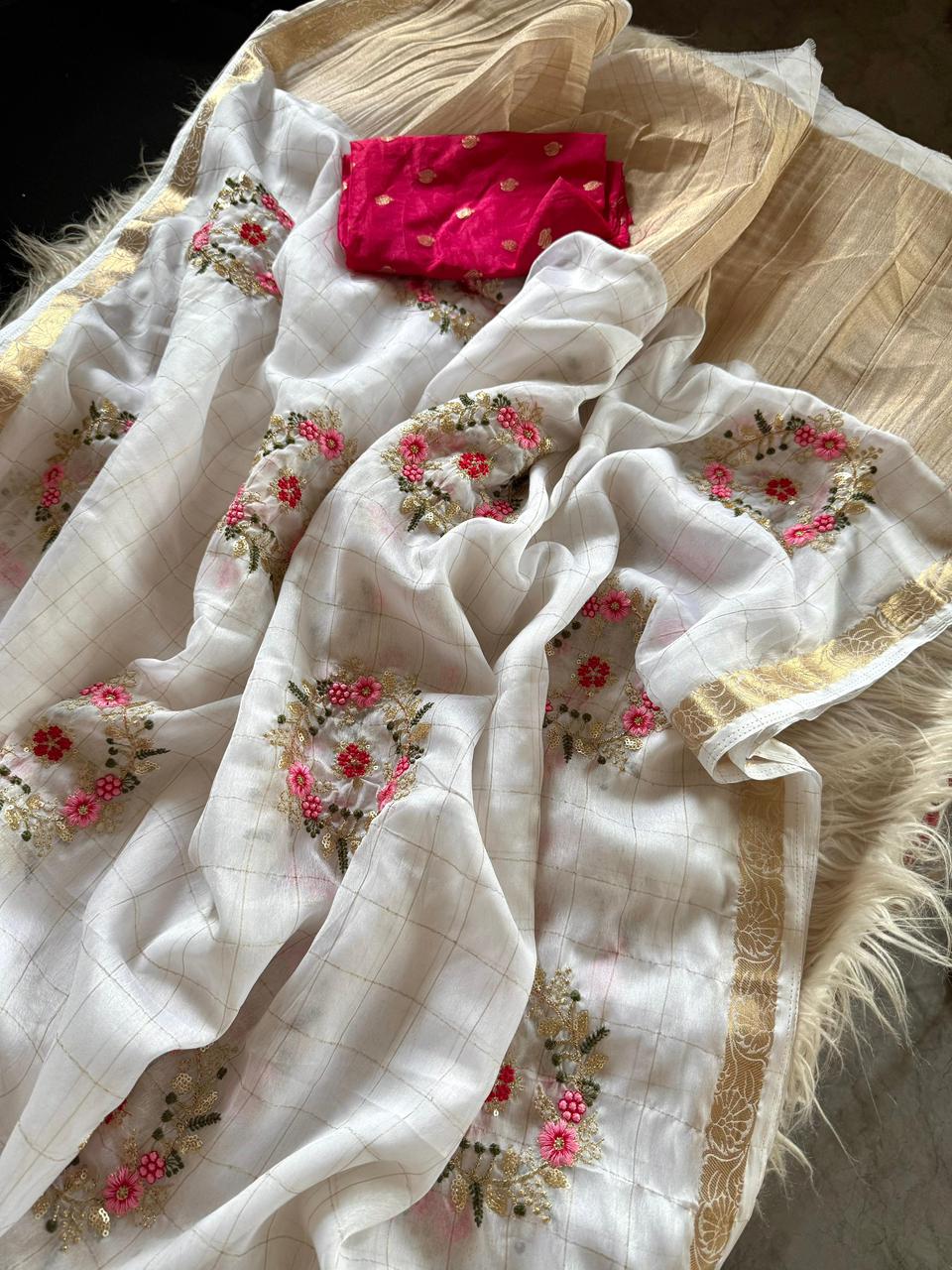 Adorning Wedding Wear White Colour Pure Chinnon Viscose Chex Multi Embroidery Sequence Saree With Contrast Blouse Piece