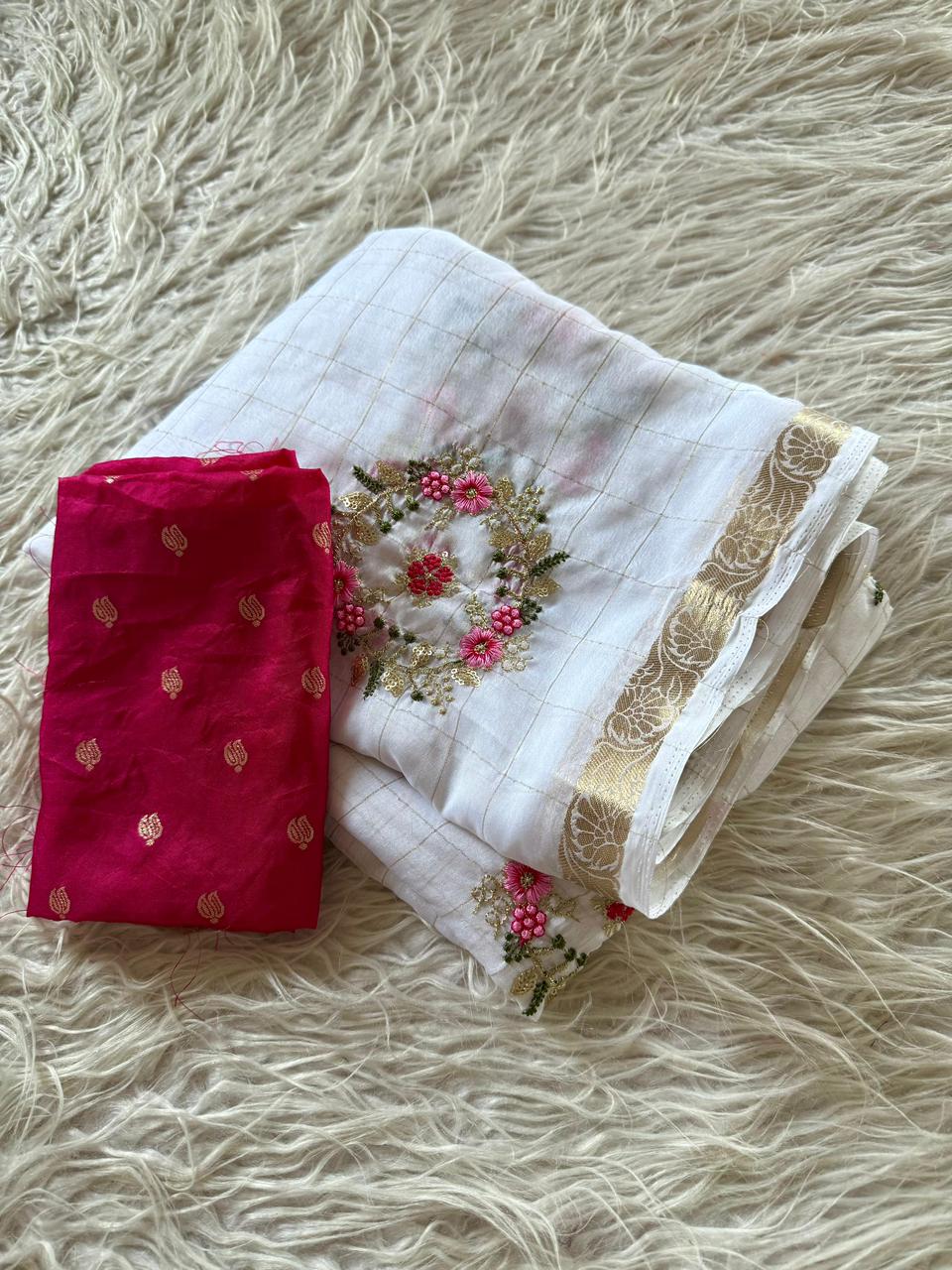 Adorning Wedding Wear White Colour Pure Chinnon Viscose Chex Multi Embroidery Sequence Saree With Contrast Blouse Piece