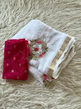 Load image into Gallery viewer, Adorning Wedding Wear White Colour Pure Chinnon Viscose Chex Multi Embroidery Sequence Saree With Contrast Blouse Piece
