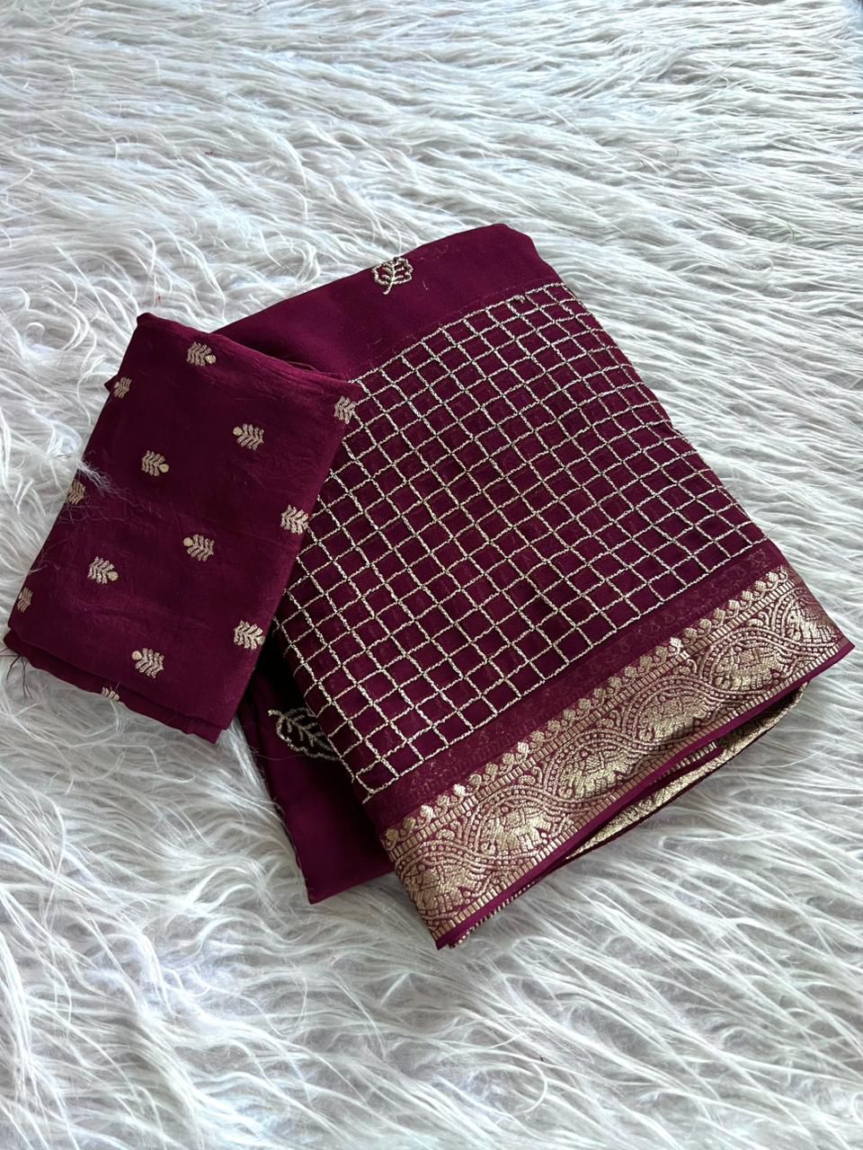 Attractive Festive Wear Pure Viscose Georgette Semi Box Embroidery Design With Elephant Weaving Border Saree